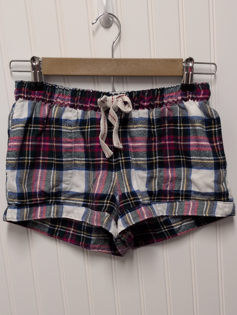 Hollister Flannel Sleep Shorts Womens XS Red/Blue/Green Plaid Pull On Bow Detail